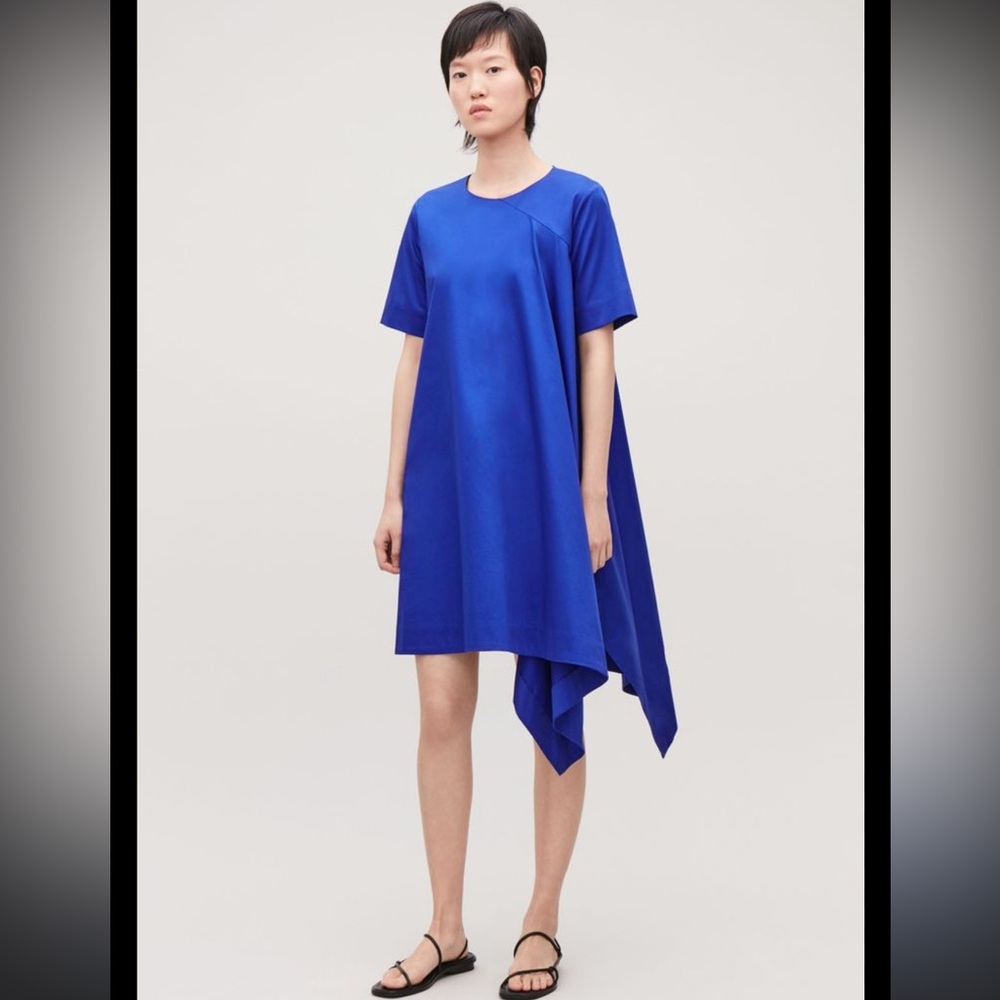 COS Asymmetric Blue Short Sleeve Dress poplin pockets cotton Sz 6‎